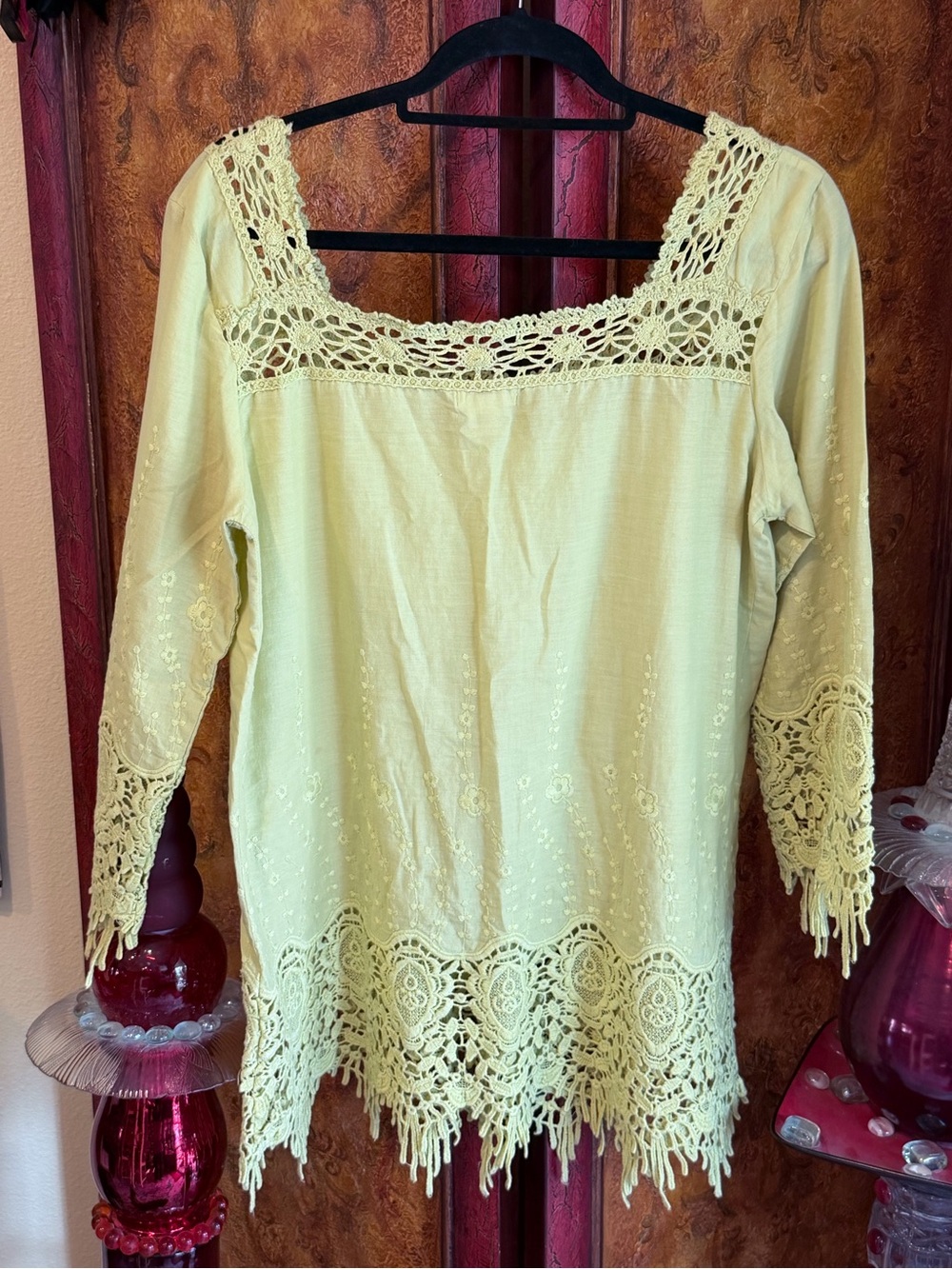 Sundance Light Green Crochet-Trim Pintuck Blouse